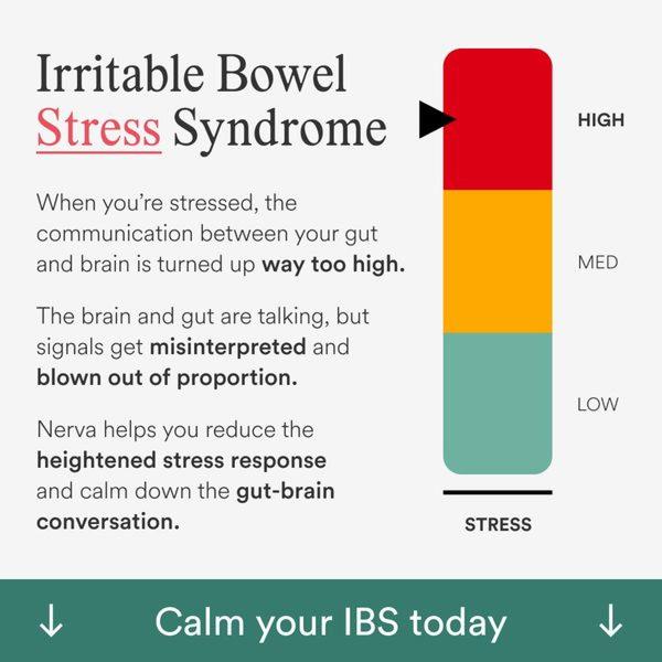 A clean, educational infographic ad that uses a simple high-to-low stress meter to explain how the gut-brain axis is affected by stress.